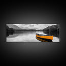 Golden Canoe, Lake Reflection, Tranquil Water, Adventure Scene, Canvas Print, Minimalist Wall Art, Bedroom Landscape, Cabin Decor