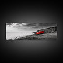Red Boat, Rocky Shore, Dramatic Sky, Abandoned Vessel, Framed Canvas Print, Nautical Living Room Art, Moody Coastal Home Decor