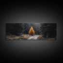 Lone Golden Tree, Forest Path Landscape, Moody Nature Wall Art, Framed Canvas Print, Minimalist Fall Decor, Entryway Accent Piece