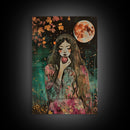 Ghostly Witch With Red Apple, Framed Canvas Print, Wall Art, Spooky Decor, Halloween Decoration, Living Room Art, Unique Gift