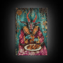 A demon eating some hot wings - hope he didn't sell his soul for them they look pretty good! Halloween Wall Art Framed Canvas