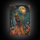 That's A Howlin' Good Pizza, Werewolf Eatin a Pizza and Howlin at The Moon, Framed Canvas Print, Funny Halloween Art