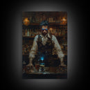 Mysterious Bartender with Glowing Eyes - Halloween Wall Art - Spooky Home Decor - Creepy Bar Scene - Unique Halloween Decoration