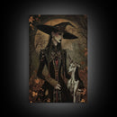 Gothic Witch with Elegant Dog, Framed Canvas Print, Dark Witch Art, Victorian Witch, Halloween Witch Decor, Gothic Home Decor