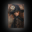 Witch with Crow in Spooky Forest - Halloween Art, Gothic Art, Spooky Decor, Dark Magic Art, Mysterious Portrait, Framed Canvas Print
