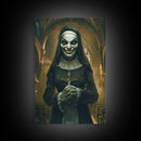 Creepy Nun Canvas Print - Halloween Art, Scary Art, Spooky Home Decor, Creepy Portrait, Gothic Wall Art, Halloween Decor Framed Canvas Print