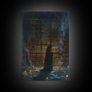 Hooded Figure in Library Halloween Art, Spooky Study, Haunted Library, Creepy Room, Gothic Reading, Framed Canvas Print