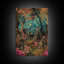 Gate to Haunted Cemetery Framed Canvas Print, Wall Art, Spooky Graveyard Art, Eerie Home Decor, Halloween Forest Painting, Spooky Graveyard