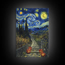 Spooky Starry Night Inspired Haunted Grave Yard Framed Canvas Print, Spooky Season Halloween Art