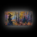 Witch Having A Pizza Party For One In The Haunted Forest, Framed Canvas Print, Funny Halloween Art