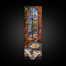 Oversized Mediterranean Style Cafe Painting Framed on Canvas, Whimsical Art, Vertical Wall Art, Spanish Style Cafe Painting, Kitchen Art