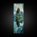 Tropical Island Paradise Scene With Mountain Reflections Skinny Art Framed Canvas Print For Living Room Or Bedroom Wall Art