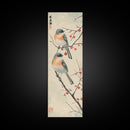 Pair of Birds on Snowy Branches, Japanese Art Framed Canvas Print, Tall and Skinny Wall Art in Ukiyo-e Style