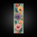 Skinny Art Delicate Pansies In Japanese Style Wood Block Print Soft Pastel Colors On Framed Canvas Print, Tall Art Ukiyo-e