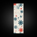 Festive Snowflakes In Red, Blue, And White On A Cream Background, Skinny Art Tall Wall Art Framed Canvas Print Japanese Style Art