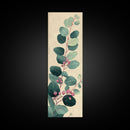 Delicate Green Leaves And Pink Buds On A Branch Against A Textured Background, Skinny Art Tall Wall Art Framed Canvas Print Japanese Style Art