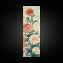 Chrysanthemums in Soft Pastel Tones on Tall Skinny Framed Canvas Print, Japanese Art Wall Decor