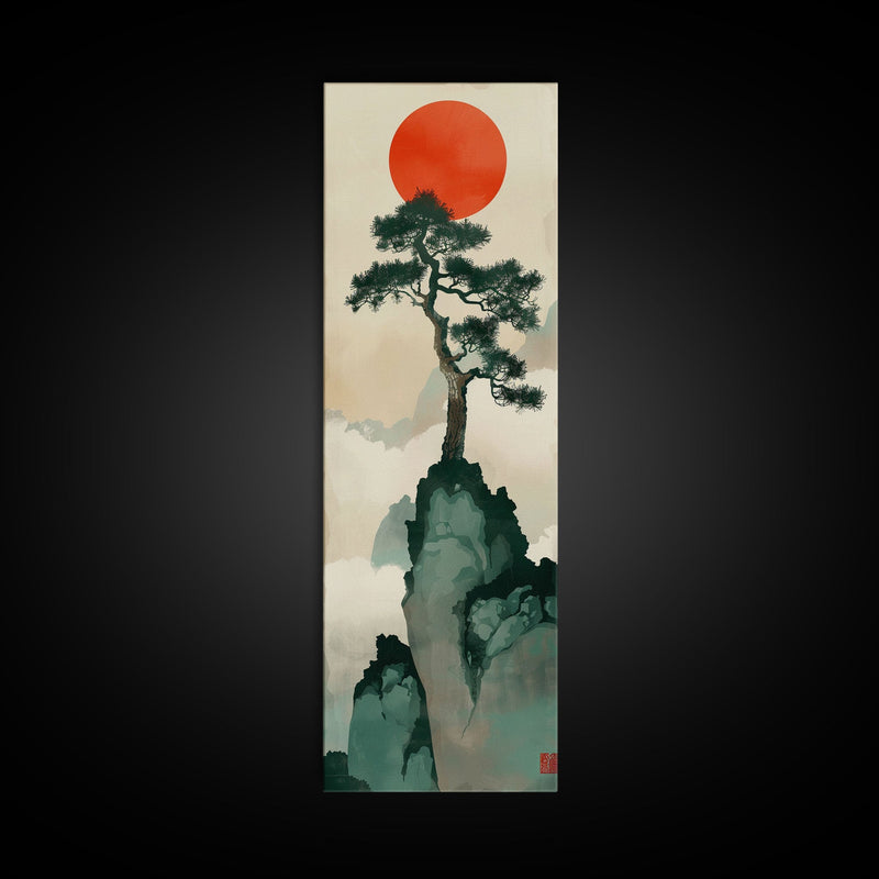 Bonsai Tree Mountain Red Sun Japanese Tall Wall Art Skinny Framed Canv