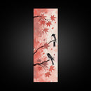 Red and Black Maple Leaves with Birds Perched on Branches Japanese Framed Canvas Print Ukiyo-e Art Skinny Tall Art