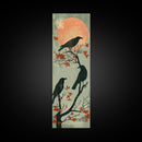 Black Crows Japanese Art Skinny Wall Art Framed Canvas Print on Branches with Red Maple Leaves Against Warm Orange Sun