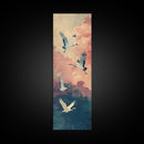 Ukiyo-e Art, Tall Art, Skinny Art, Japanese Style Art, Cranes In Flight Wood Block Print Framed Canvas Print