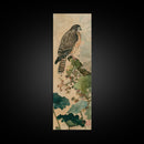 Majestic Hawk Perched Among Verdant Foliage Ukiyo-e Tall Skinny Wood Block Framed Canvas Print Japanese Style Art