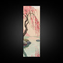 Serene Weeping Cherry Tree with Gentle Reflections in Water - Skinny Art, Japanese Wall Decor, Framed Canvas Print, Ukiyo-e Style