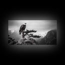 Majestic Bald Eagle, pine tree art, bird art, nature photography, mountain painting, wildlife art, extra wide art, framed canvas print