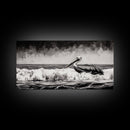 Pelican, coastal wall art, nautical painting, black and white art, seascape painting, ocean bird, Framed Canvas Print, beach decor