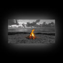 Campfire on Beach Framed Canvas Print | Seascape Painting | Coastal Wall Art | Moody Art | Rustic Decor | Extra Wide Art | Nautical Painting