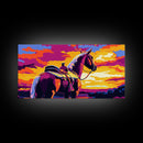 Saddled horse, sunset view, western ranch, cowboy aesthetic, rustic decor, farmhouse painting, moody art, canvas print