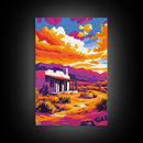 Southwest sunset, desert house, Joshua tree art, pink orange wall art, rustic wall art, boho art, framed canvas print, landscape painting