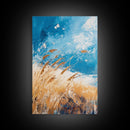 Wheat Field, blue sky, golden harvest, windy landscape, nature wall art, rustic decor, framed canvas print, farmhouse wall art