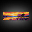Wagon at Sunset, pink orange wall art, rustic decor, mountain painting, panoramic art, extra wide art, Framed Canvas Print, gift idea