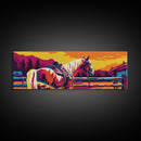 Western horse, saddle, cowboy, sunset, rustic wall art, panoramic art, framed canvas print, extra wide art, horse wall art