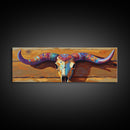 Painted Skull, bull and bear art, rustic decor, extra wide art, southwest wall art, pink orange wall art, framed canvas print