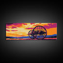 Sunset Wagon Wheel, pink orange wall art, bold color art, boho art, panoramic painting, extra wide art, framed canvas print, landscape painting