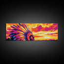 Sunset Warrior, bold colors, chicano art, moody art, pink orange wall art, framed canvas print, extra wide art, above sofa art
