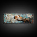 Rustic Leather Glove Art, Framed Canvas Print, Wabi Sabi Wall Art, Moody Art, Teal Wall Art, Extra Wide Art, Farmhouse Art