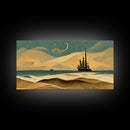 Art deco canvas print, pirate ship at sea beyond the sand dunes, living room wall art