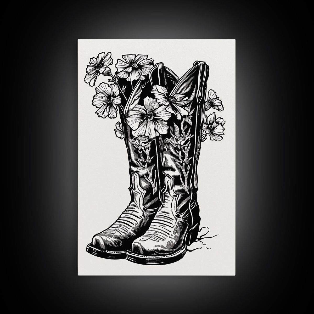 Floral Cowboy Boots Art Print, Retro Western Framed Canvas, Vintage Fl, image size:1200x1200