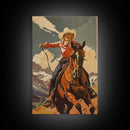 Brave Cowgirl in Mountains with Horse | Framed Canvas Print | Western Wall Art | Living Room Decor | Rustic Home Decor