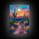 Framed Canvas Print, Colorful Desert Sunset with Cacti Wall Art, Southwest Landscape for Living Room or Bedroom, Vibrant Wall Art Piece