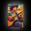 Country Cowboy playing guitar under a colorful sunset, pop art style Framed Canvas Print - music decor, country music art, vibrant wall art