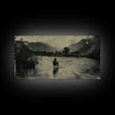 Cowboy Crossing River with Mountains, Framed Canvas Print for Western Living Room Decor, Ideal Bedroom Wall Art, Rustic Scene