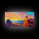 Cowboy with Horse on Cliff Edge, Farmhouse Style Framed Canvas Print for Living Room Wall Art, Vibrant Home Decor, Western Scenic Art