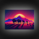 Synthwave American Buffalo, Retrowave art, herd of Bison and a setting sun, framed canvas print