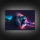 Cosmic Roar, lion roaring at the stars, synthwave galaxy and lion art, framed canvas print, unique framed wall art