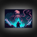 Warrior Vs Cthulhu, RPG concept pixel art, framed canvas print, outrun video game art