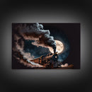 Steampunk Wild West Decor, Steam Train at Midnight, Framed Canvas Print
